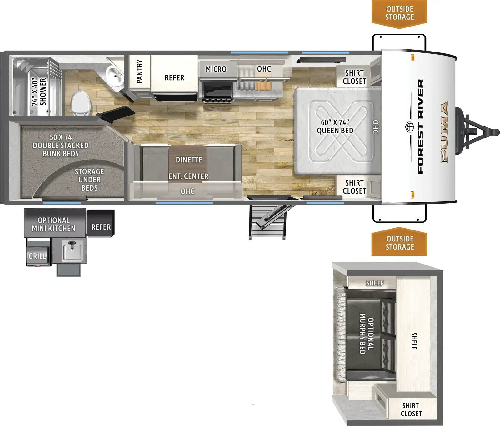 The Puma Camping Edition 20BHCE floorplan has one entry and zero slide outs. Exterior features include: metal exterior, 12' awning and outside kitchen. Interiors features include: bunk beds, front bedroom and murphy bed.