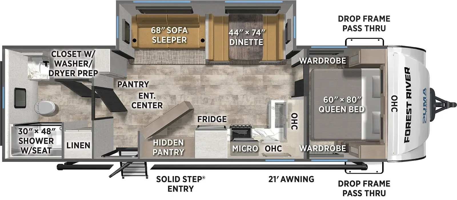 The Puma Tracks 2580RBSS floorplan has one entry and one slide out. Exterior features include: fiberglass exterior and 21' awning. Interiors features include: front bedroom and rear bathroom.