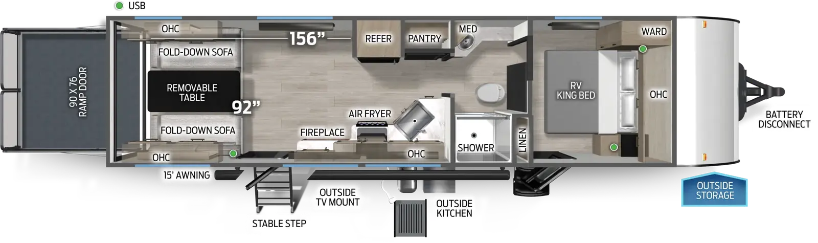 The Cascade 241RRC floorplan is a toy hauler that has two entries and zero slide outs. Exterior features include: metal exterior, 15' awning and outside kitchen. Interiors features include: front bedroom and pass through bathroom.