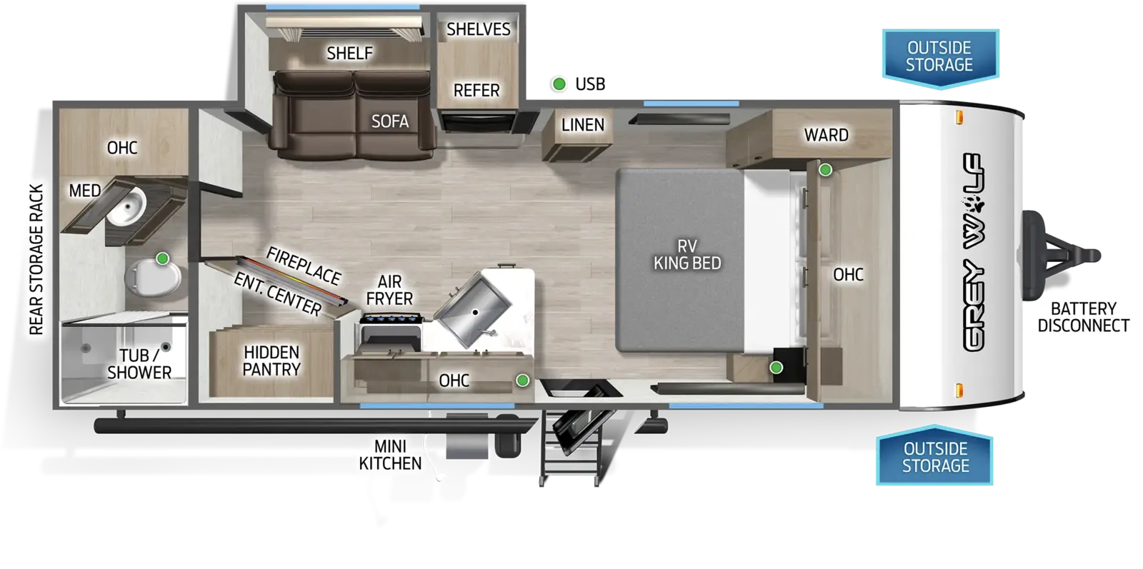 The Grey Wolf 21AB floorplan has one entry and one slide out. Exterior features include: metal exterior and outside kitchen. Interiors features include: front bedroom and rear bathroom.