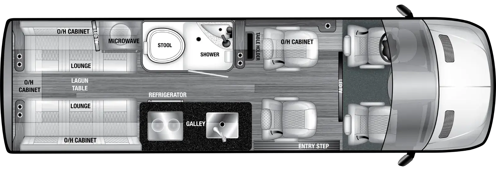 The VTOUR 170 4TB floorplan has one entry and zero slide outs. Exterior features include: 8' 2" awning. Interiors features include: captain chairs.