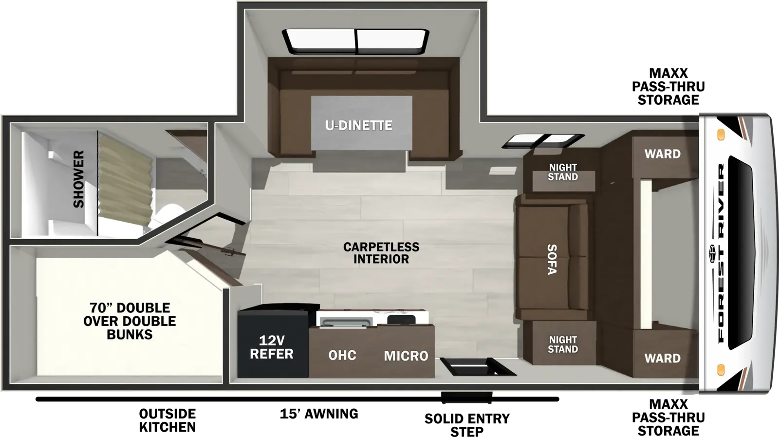 The Wildcat Travel Trailers 181DBEDS floorplan has one entry and one slide out. Exterior features include: fiberglass exterior, 15' awning and outside kitchen. Interiors features include: bunk beds, u-dinette and murphy bed.