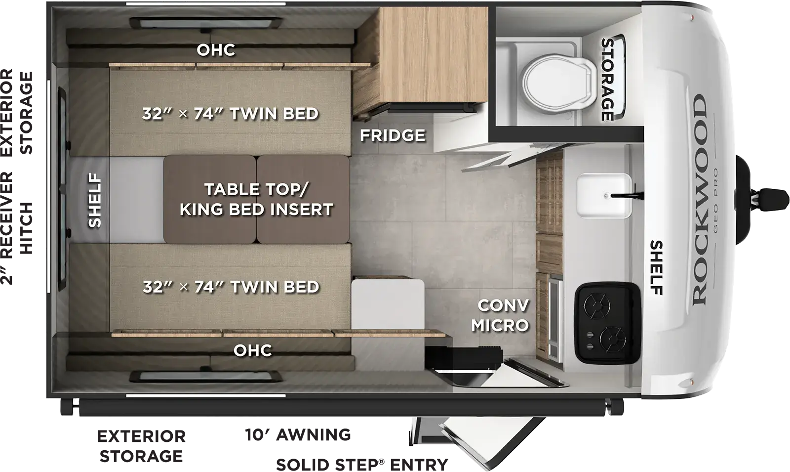 The Rockwood Geo Pro G15TLE floorplan has one entry and zero slide outs. Exterior features include: fiberglass exterior and 10' awning. Interiors features include: rear bedroom.
