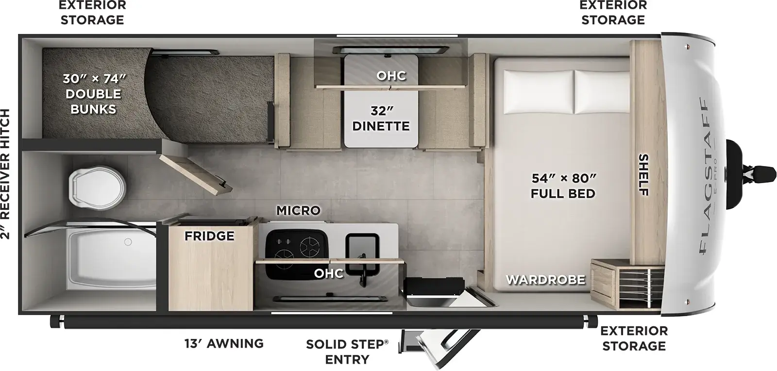 The Flagstaff E-Pro E17LE floorplan has one entry and zero slide outs. Exterior features include: fiberglass exterior and 13' awning. Interiors features include: bunk beds and front bedroom.