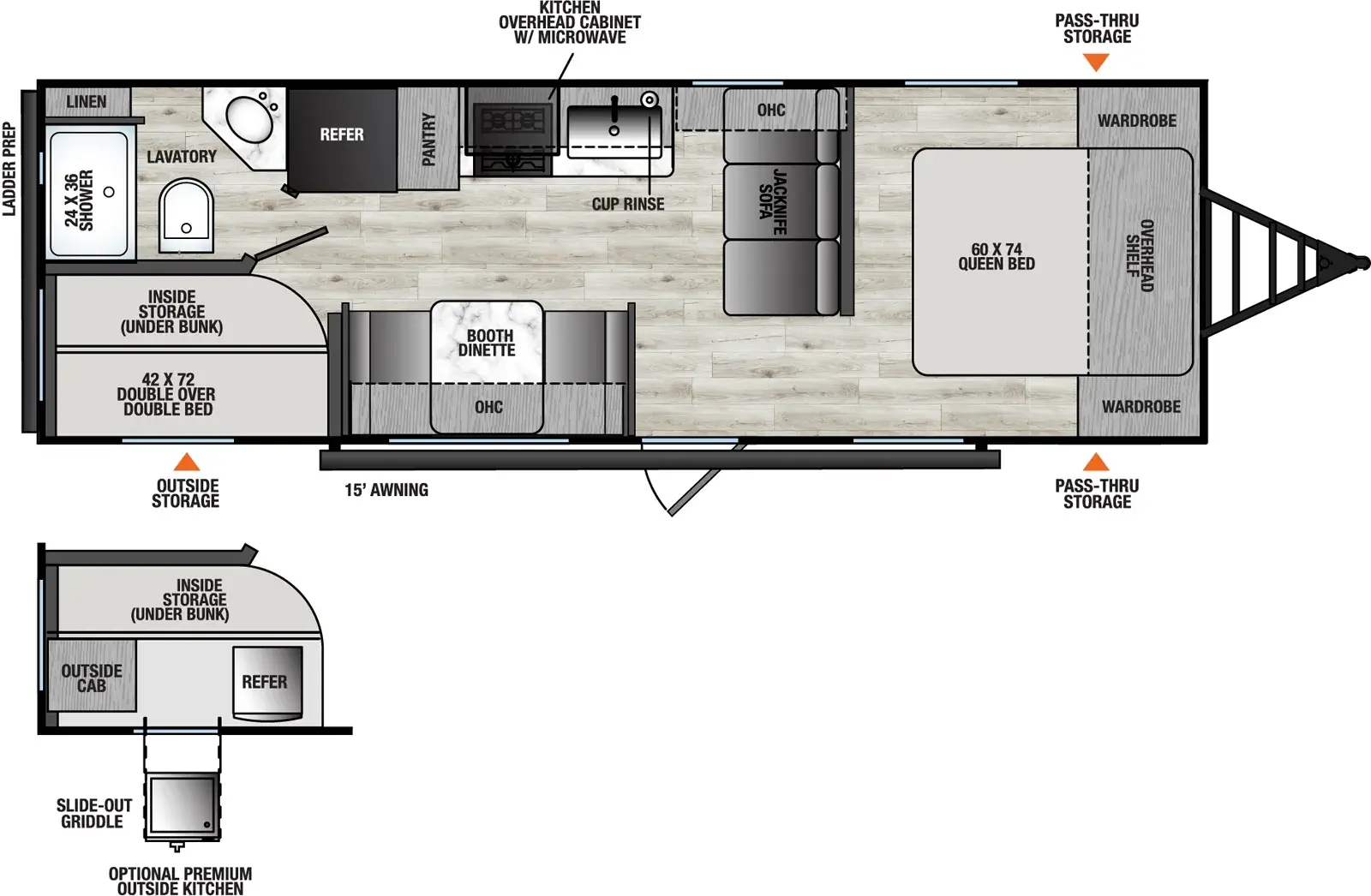 The Viking Travel Trailers 26BH floorplan has one entry and zero slide outs. Exterior features include: metal exterior, 15' awning and outside kitchen. Interiors features include: bunk beds and front bedroom.