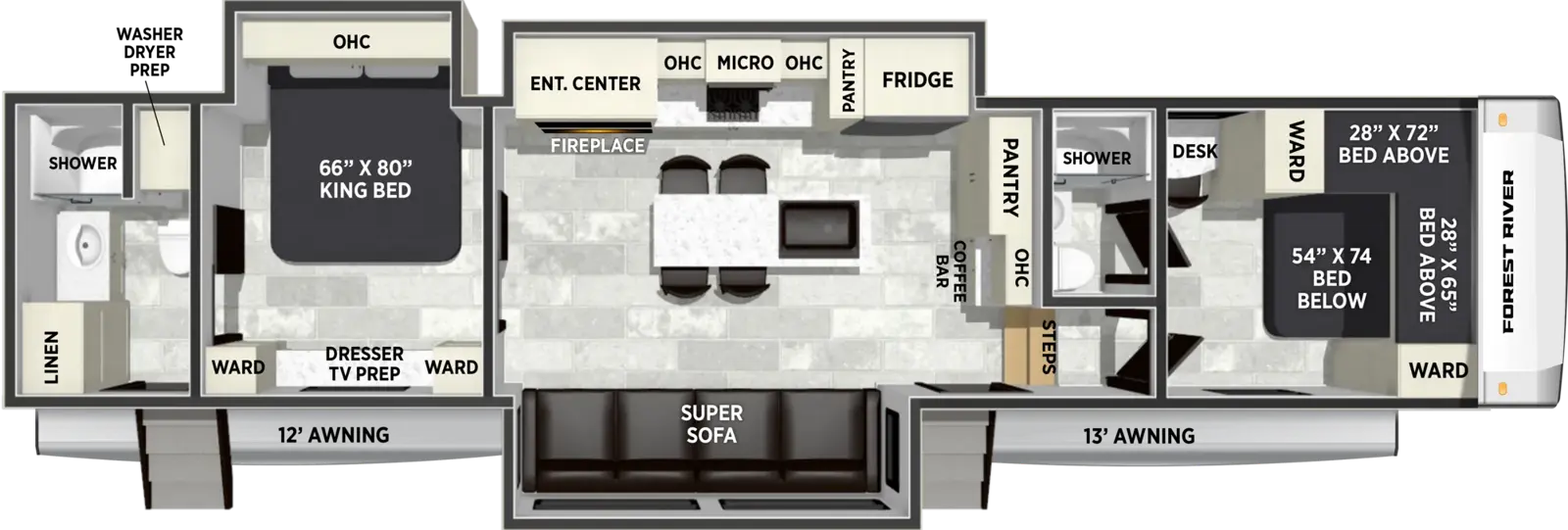 The Cardinal 36FUN floorplan has two entries and three slide outs. Exterior features include: fiberglass exterior and 12' & 13' awning. Interiors features include: bunk beds, kitchen island, rear bathroom and two full bathrooms.