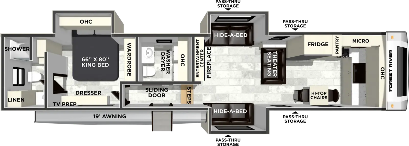 The Wildcat Fifth Wheels 37GALLEY floorplan has one entry and three slide outs. Exterior features include: fiberglass exterior and 19' awning. Interiors features include: front kitchen, rear bathroom and bathroom and a half.