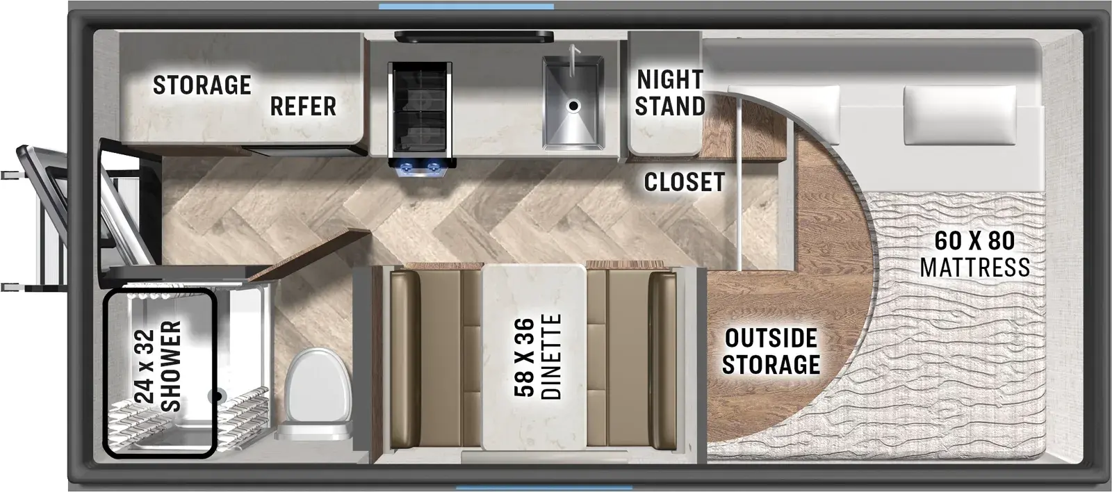 The Palomino O.V.E. 15.3 floorplan has one entry and zero slide outs. Exterior features include: fiberglass exterior and 6' Rear awning. 