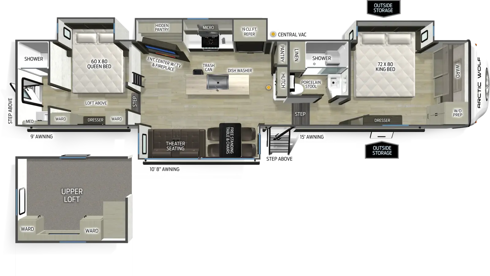 The Arctic Wolf 38DST floorplan has two entries and four slide outs. Exterior features include: fiberglass exterior, 9' and 10'8" & 15' awning. Interiors features include: loft, kitchen island, free-standing dinette option, front bedroom, rear bathroom and two full bathrooms.