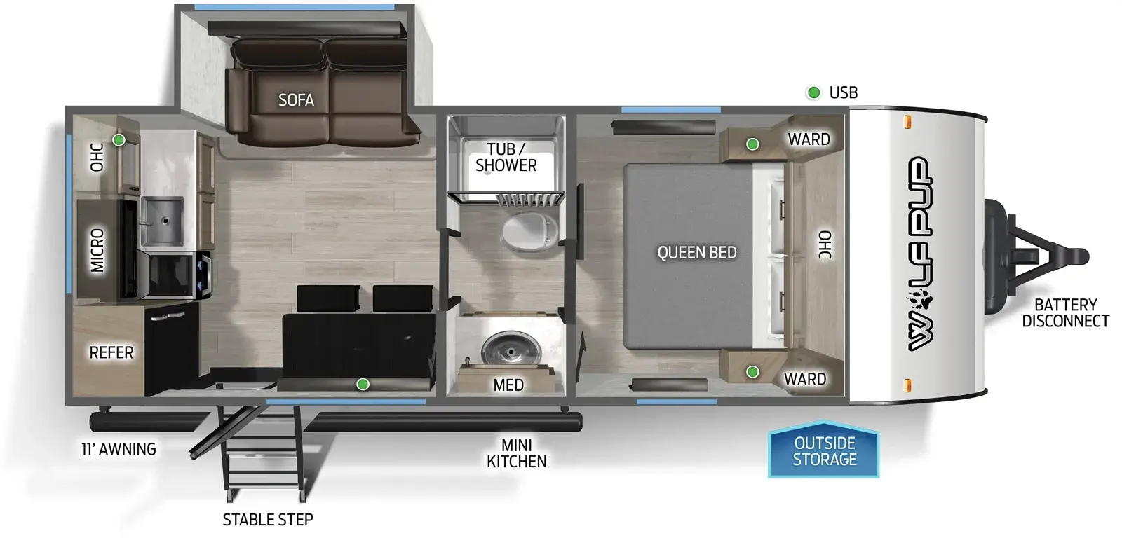 The Wolf Pup 17SC floorplan has one entry and one slide out. Exterior features include: metal exterior, 11' awning and outside kitchen. Interiors features include: rear kitchen, front bedroom and pass through bathroom.