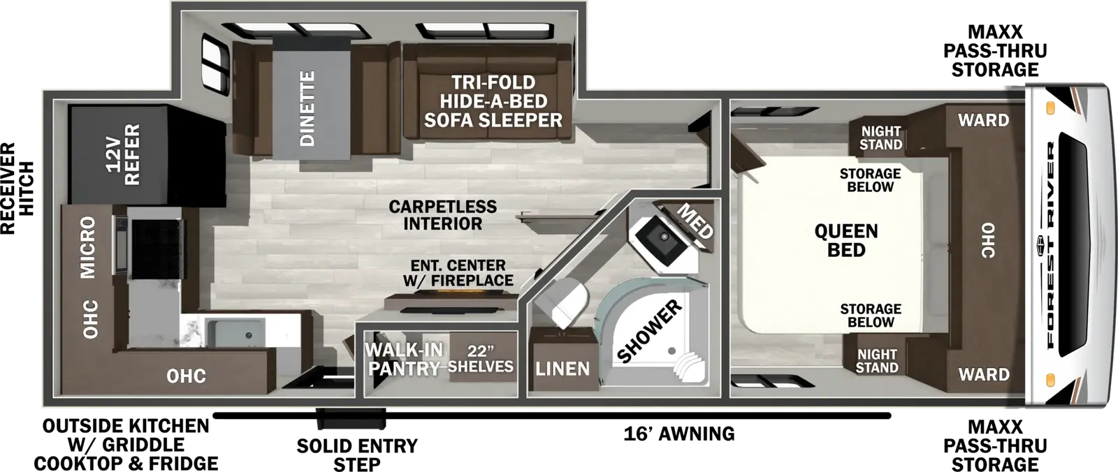 The Wildcat Travel Trailers 251CHEF floorplan has one entry and one slide out. Exterior features include: fiberglass exterior, 16' awning and outside kitchen. Interiors features include: rear kitchen and front bedroom.