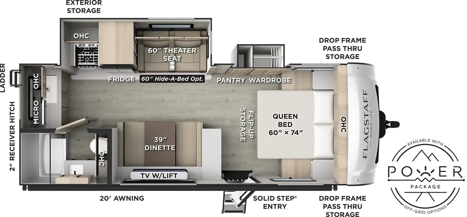 The Flagstaff Micro Lite 25FBD floorplan has one entry and two slide outs. Exterior features include: fiberglass exterior and 20' awning. Interiors features include: front bedroom.