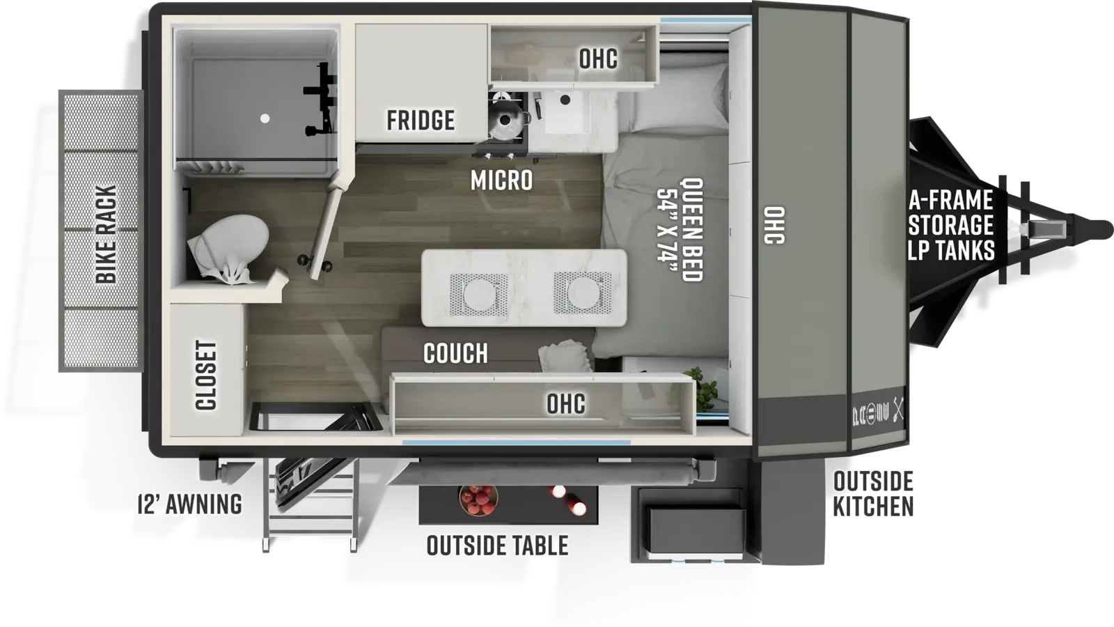 The Pause R12RB floorplan has one entry and zero slide outs. Exterior features include: fiberglass exterior, 12' awning and outside kitchen. Interiors features include: front bedroom.