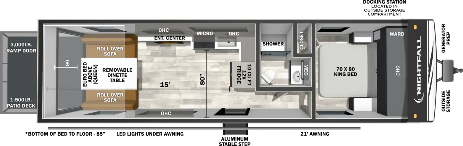 The Nightfall 28N floorplan is a toy hauler that has one entry and zero slide outs. Exterior features include: fiberglass exterior and 21' awning. Interiors features include: front bedroom.