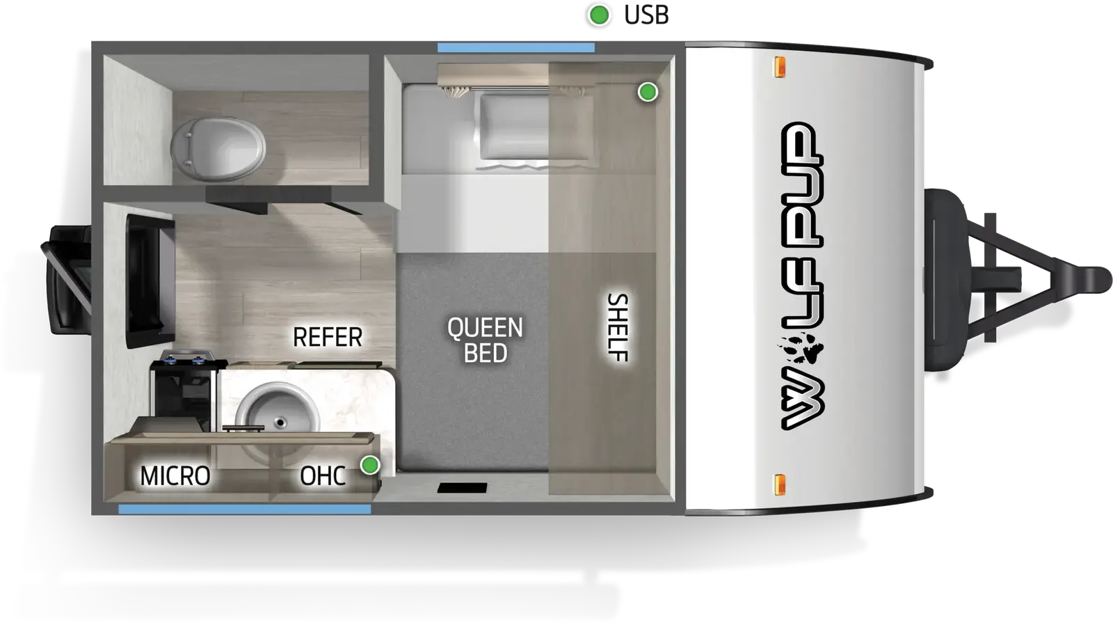 The Wolf Pup 9CELP floorplan has one entry and zero slide outs. Exterior features include: metal exterior. Interiors features include: front bedroom.