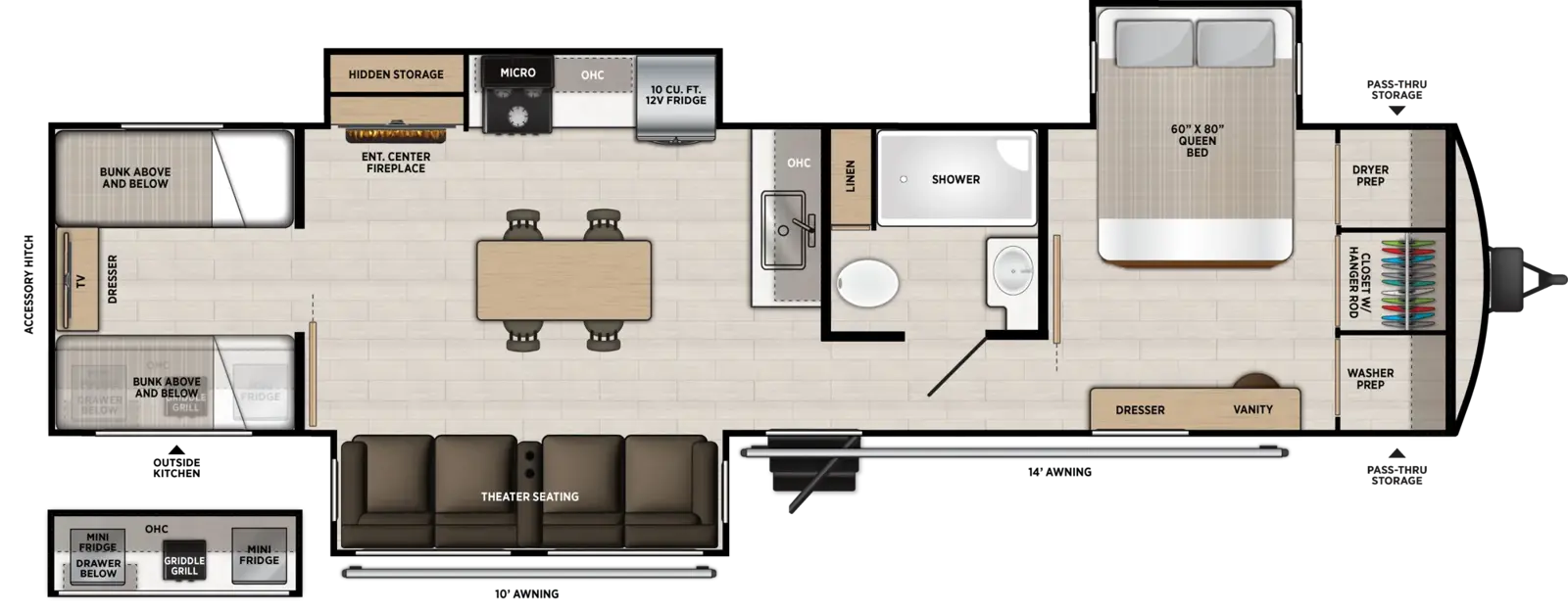 The Hemisphere Travel Trailers 301FAM floorplan has one entry and three slide outs. Exterior features include: fiberglass exterior, 10' & 14' awning and outside kitchen. Interiors features include: bunk beds, kitchen island and front bedroom.