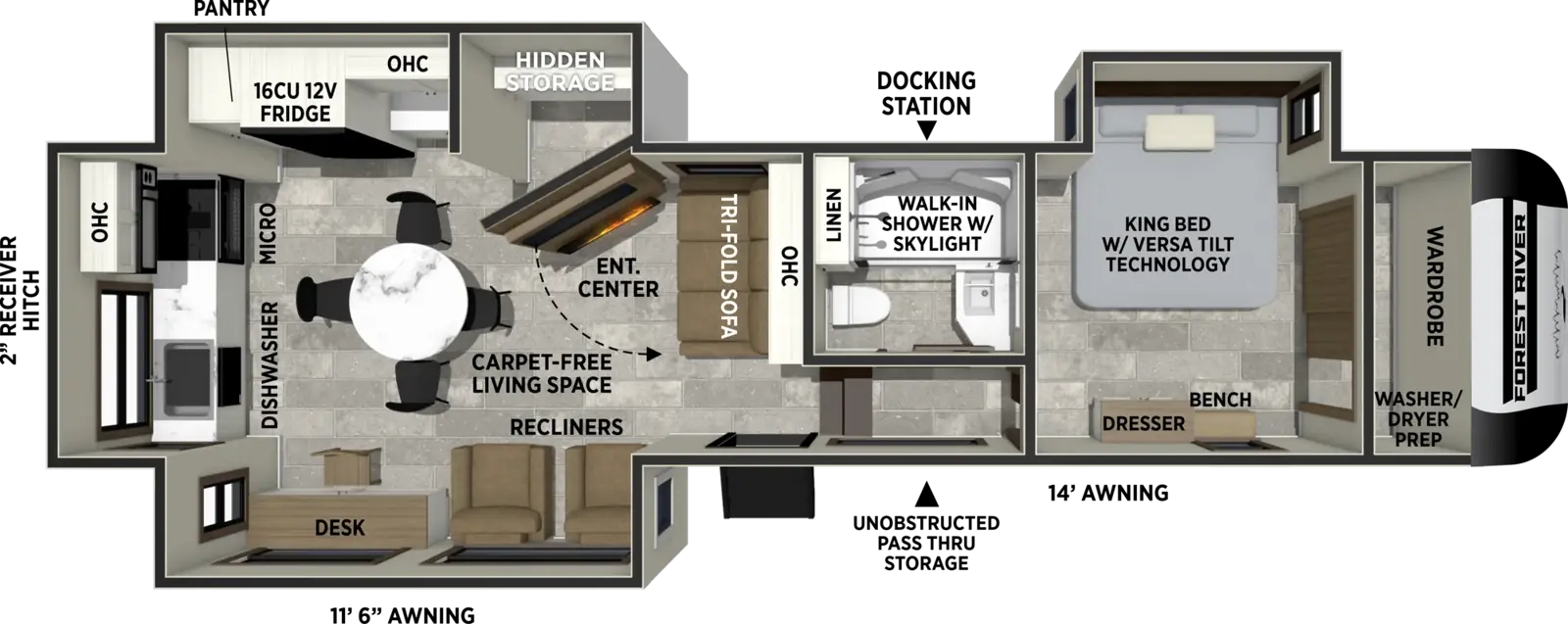 The Impression 301ML floorplan has one entry and three slide outs. Exterior features include: fiberglass exterior and 11'6" & 14' awning. Interiors features include: rear kitchen and front bedroom.