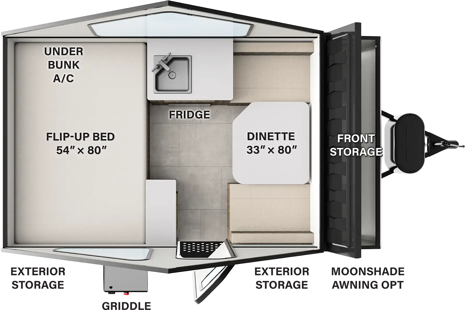 The Flagstaff A-Frame T10RB floorplan features include: hard sides.