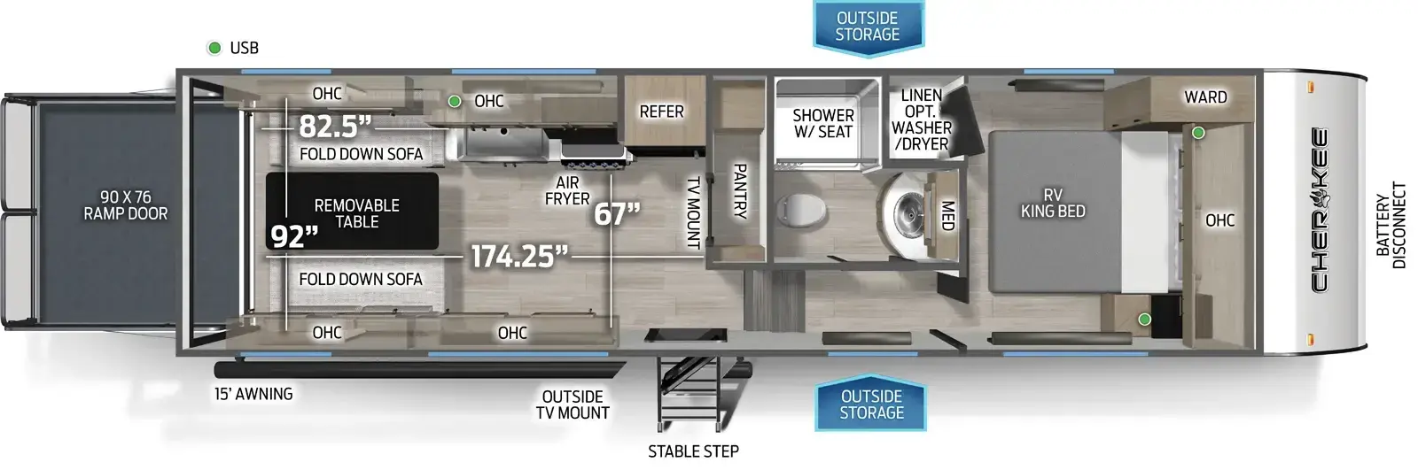 The Cherokee Black Label 256RRBL floorplan is a toy hauler that has one entry and zero slide outs. Exterior features include: fiberglass exterior and 15' awning. Interiors features include: front bedroom.