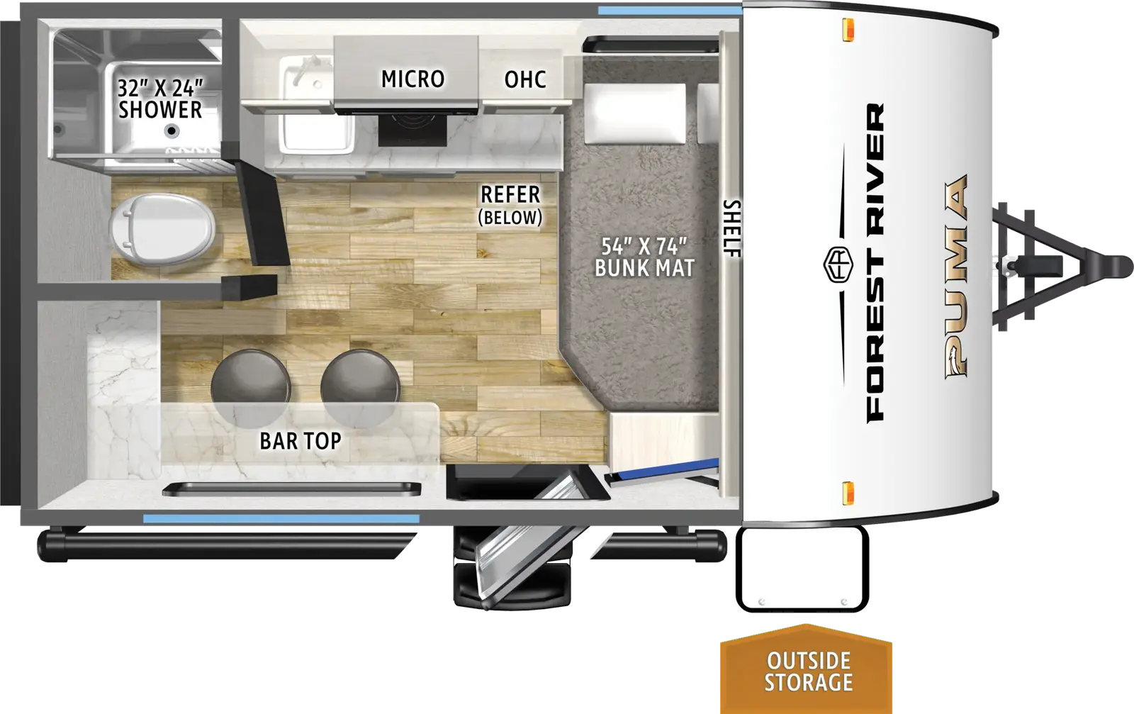 The Puma Camping Edition 131RBCE floorplan has one entry and zero slide outs. Exterior features include: metal exterior. Interiors features include: front bedroom.