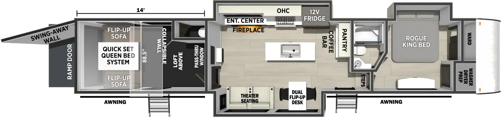 The Vengeance Rogue Armored 4114 floorplan is a toy hauler that has two entries and three slide outs. Exterior features include: fiberglass exterior. Interiors features include: loft, kitchen island, front bedroom and bathroom and a half.