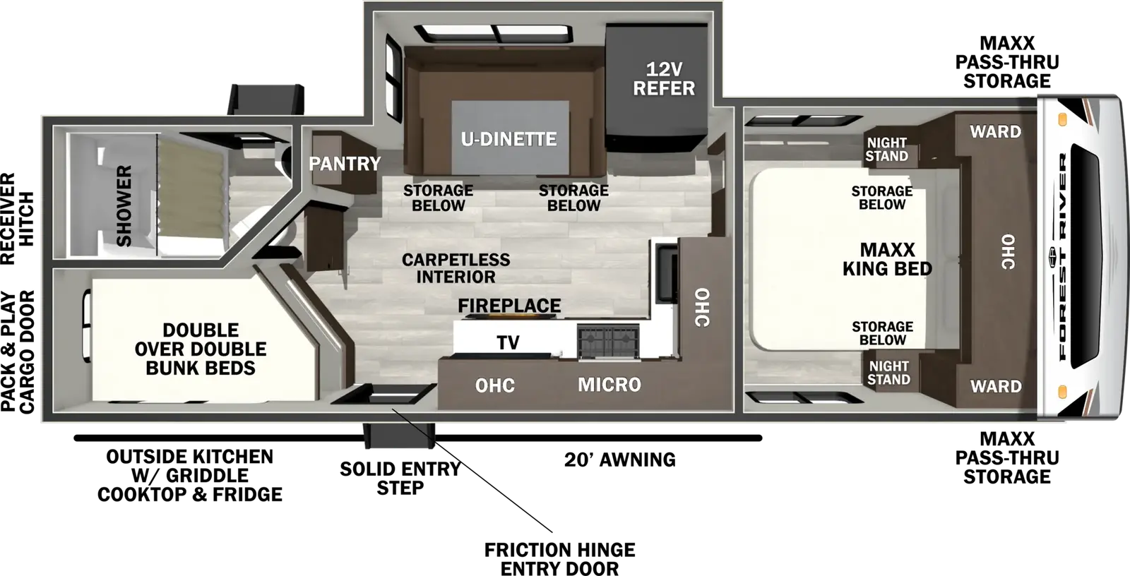 The Wildcat Travel Trailers 246DBX floorplan has one entry and one slide out. Exterior features include: fiberglass exterior, 18' awning and outside kitchen. Interiors features include: bunk beds, u-dinette and front bedroom.