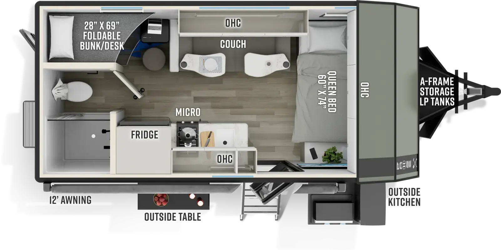 The Pause R17BH floorplan has one entry and zero slide outs. Exterior features include: fiberglass exterior, 12' awning and outside kitchen. Interiors features include: bunk beds and front bedroom.