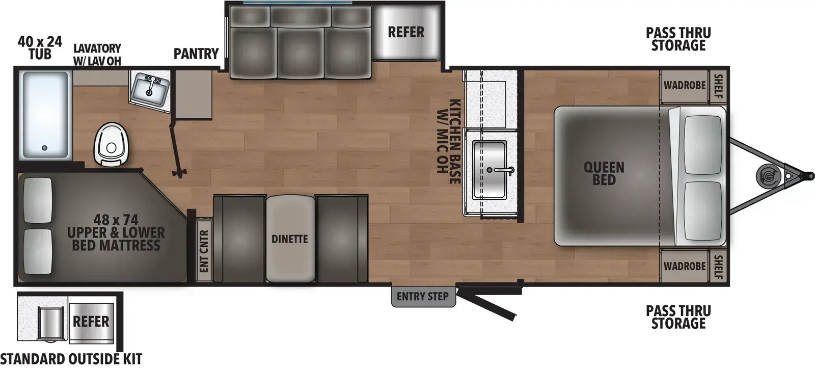 The Northern Spirit DLX & Compact 5250RS floorplan has one entry and one slide out. Exterior features include: metal exterior and outside kitchen. Interiors features include: bunk beds and front bedroom.