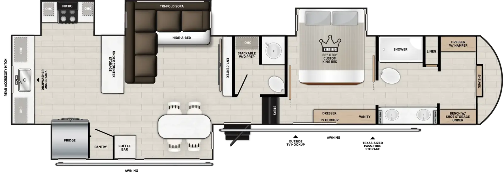 The Heritage Glen Fifth Wheels 383WDRK floorplan has one entry and four slide outs. Exterior features include: fiberglass exterior. Interiors features include: free-standing dinette option, rear bathroom and bathroom and a half.