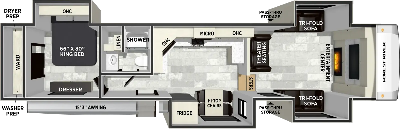 The Wildcat Fifth Wheels 36FL floorplan has one entry and four slide outs. Exterior features include: fiberglass exterior and 15'3" awning. Interiors features include: rear bedroom.