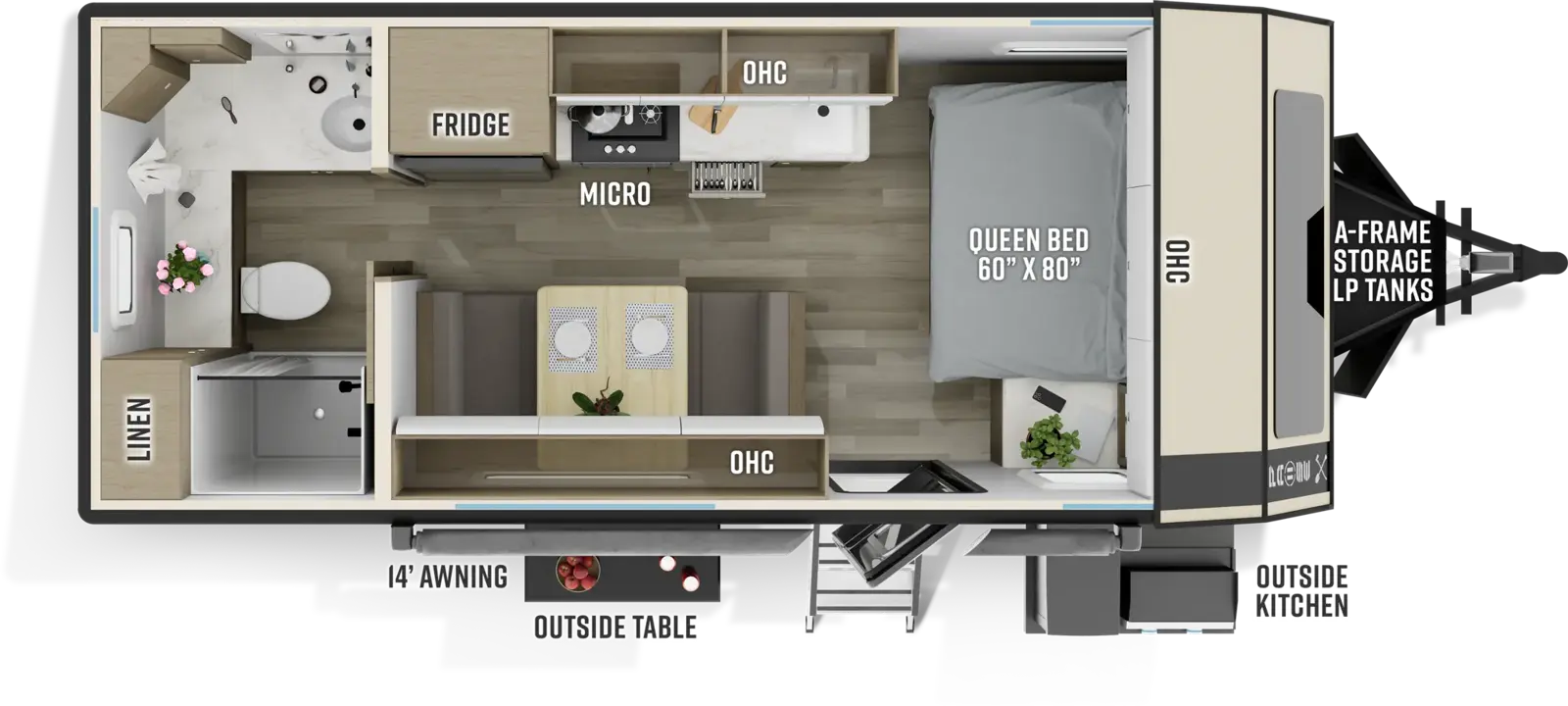 The Pause 19.4 floorplan has one entry and zero slide outs. Exterior features include: fiberglass exterior, 14' awning and outside kitchen. Interiors features include: front bedroom and rear bathroom.