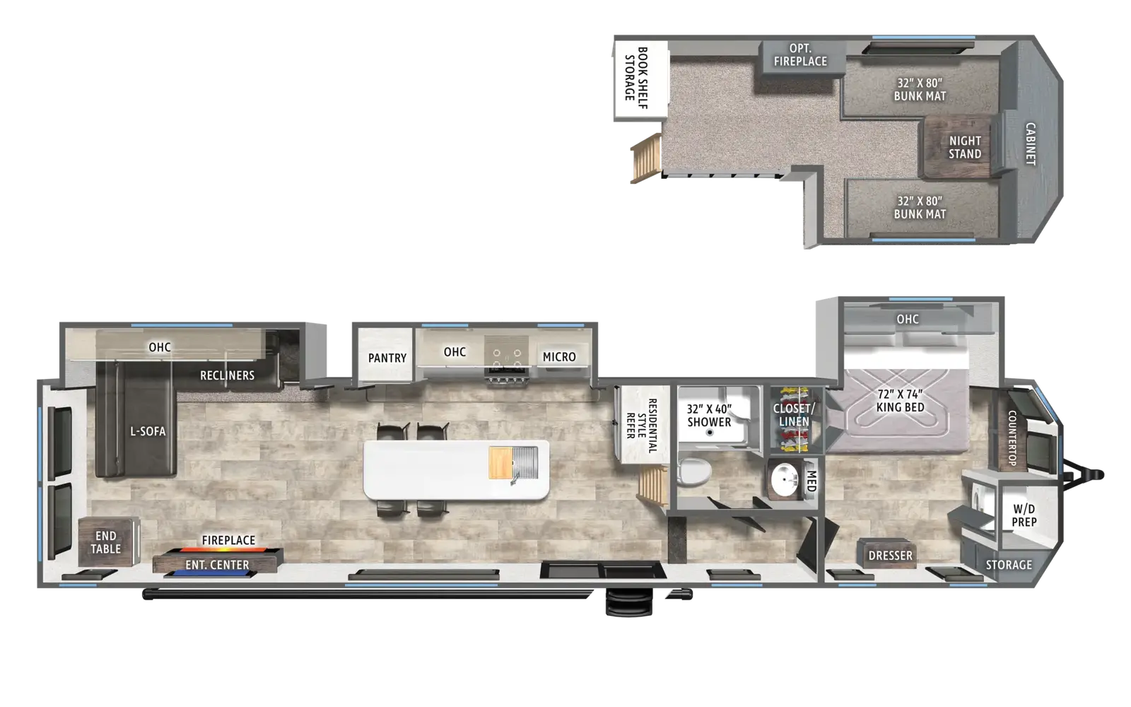 The Puma Vista 423LFT floorplan has one entry and three slide outs. Exterior features include: metal exterior. Interiors features include: loft, kitchen island, front bedroom and rear living.