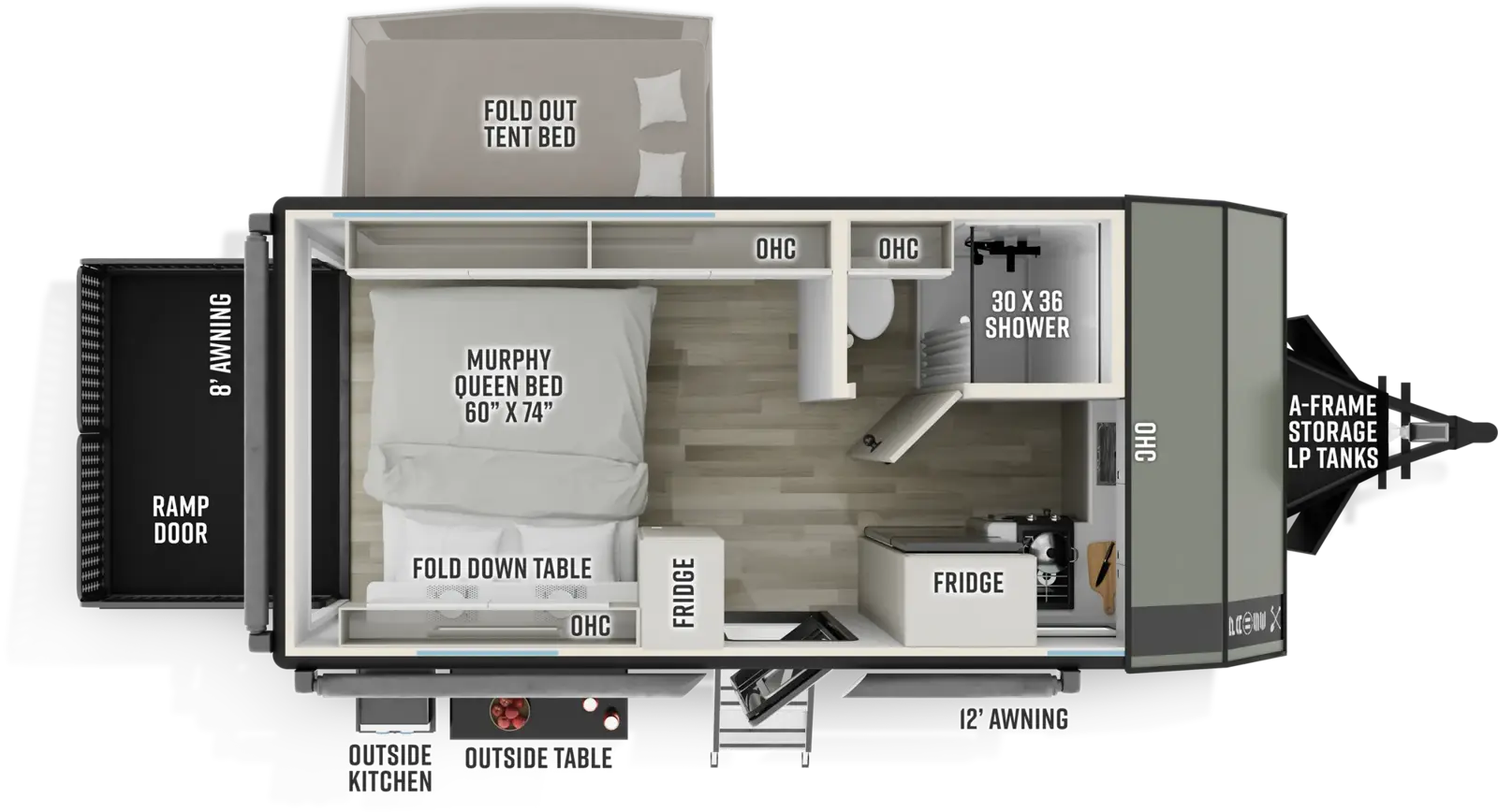 The Pause R17TH floorplan is a toy hauler that has one entry and zero slide outs. Exterior features include: fiberglass exterior, 12' awning and outside kitchen. Interiors features include: murphy bed.