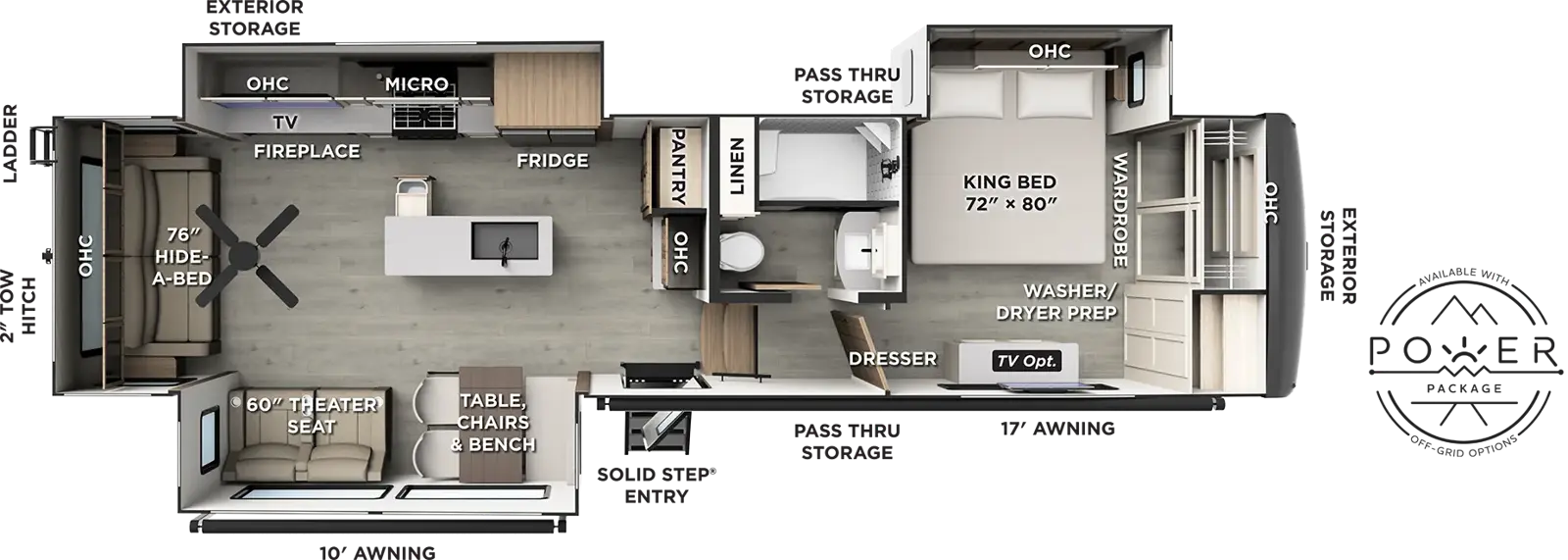 The Flagstaff Classic Fifth Wheels F361RLS floorplan has one entry and three slide outs. Exterior features include: fiberglass exterior and 10' & 17' awning. Interiors features include: kitchen island, free-standing dinette option, front bedroom and rear living.