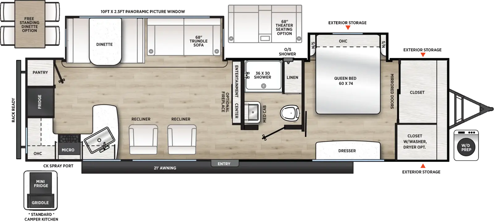 The Catalina Legacy Edition 303RKDS floorplan has one entry and two slide outs. Exterior features include: metal exterior, 21' awning and outside kitchen. Interiors features include: rear kitchen, free-standing dinette option and front bedroom.