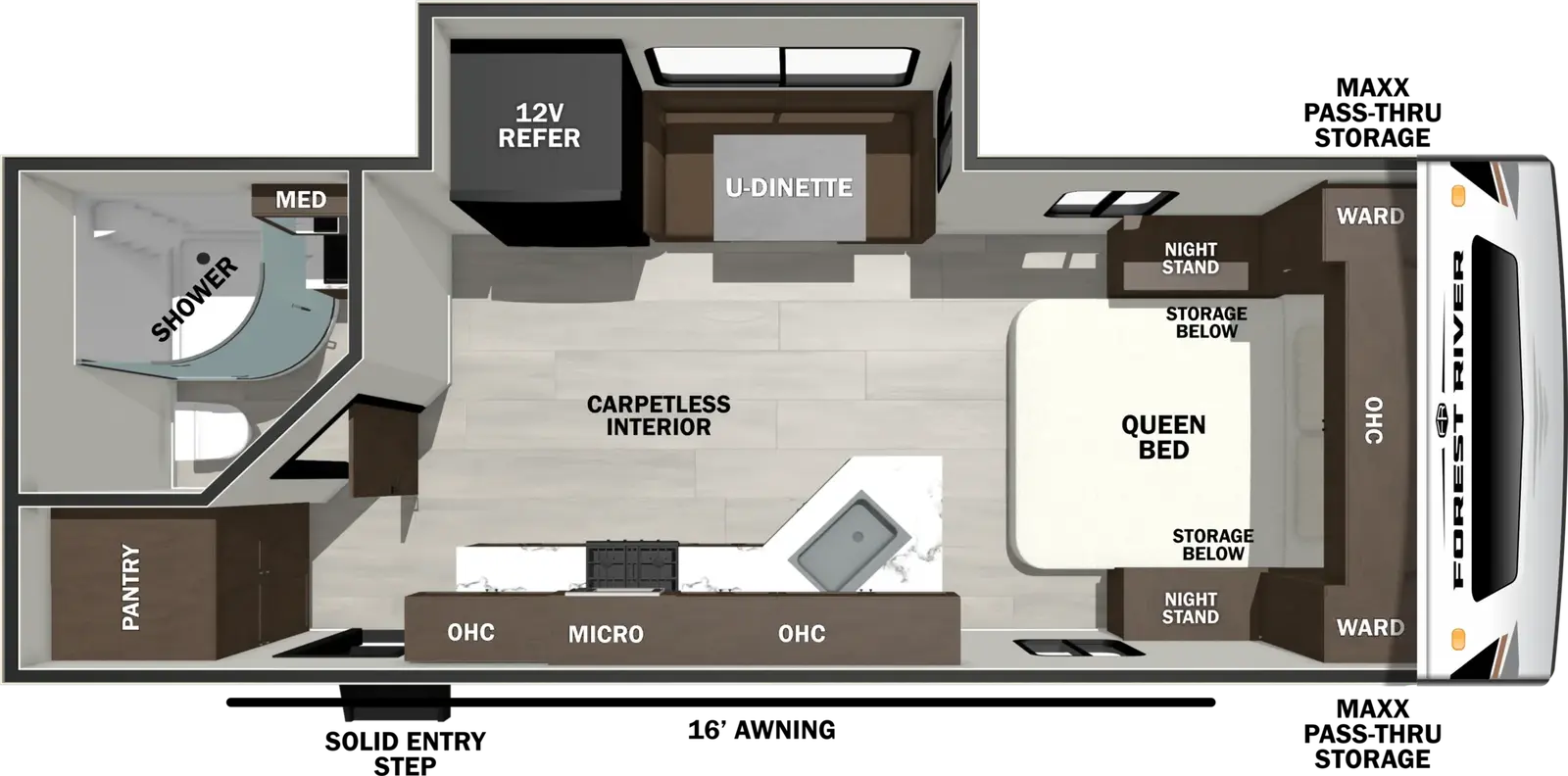 The Wildcat Travel Trailers 220BATH floorplan has one entry and one slide out. Exterior features include: fiberglass exterior and 16' awning. Interiors features include: u-dinette and front bedroom.