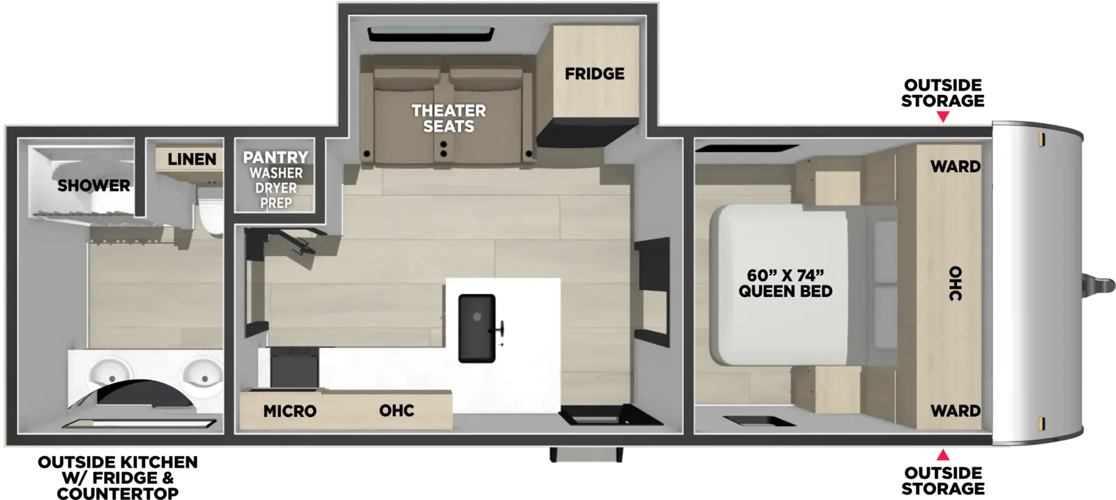 The American Spirit 5260RBS floorplan has one entry and one slide out. Exterior features include: metal exterior and outside kitchen. Interiors features include: front bedroom and rear bathroom.