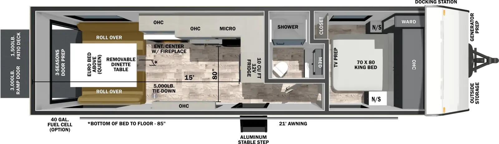 The XLR Boost 2715B floorplan is a toy hauler that has one entry and zero slide outs. Exterior features include: fiberglass exterior and 21' awning. Interiors features include: front bedroom.