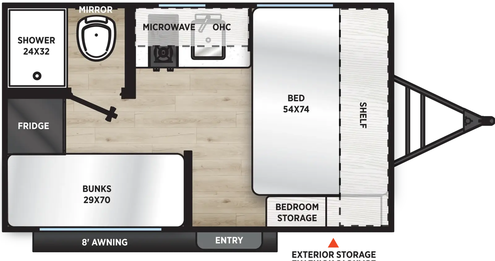 The Viking Travel Trailers 12BH floorplan has one entry and zero slide outs. Exterior features include: metal exterior and 8' awning. Interiors features include: bunk beds and front bedroom.