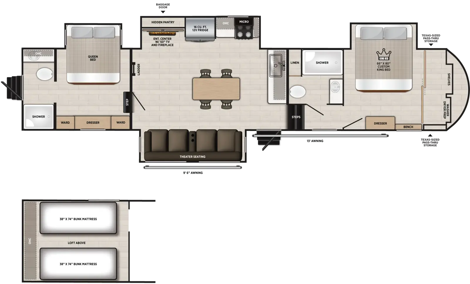 The Hemisphere Fifth Wheels 376FAM floorplan has two entries and four slide outs. Exterior features include: fiberglass exterior and 9'6" & 13' awning. Interiors features include: loft, kitchen island, front bedroom, two bedrooms, rear bathroom and two full bathrooms.
