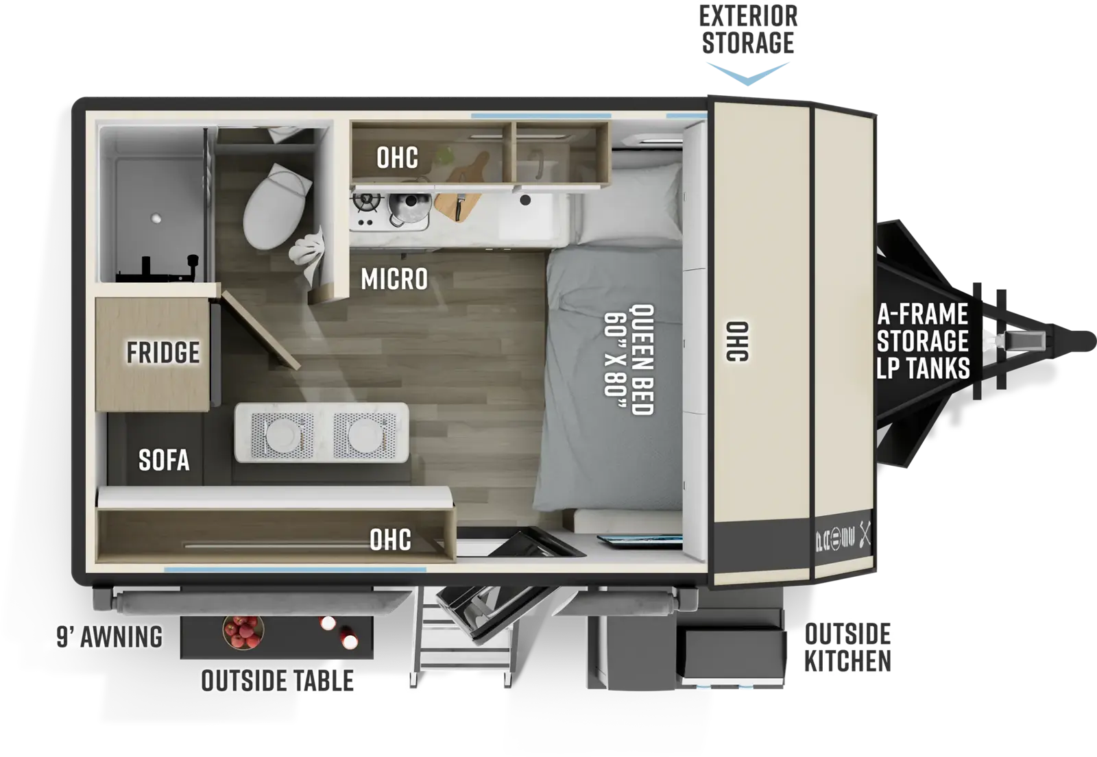 The Pause 14.3 floorplan has one entry and zero slide outs. Exterior features include: fiberglass exterior, 9' awning and outside kitchen. Interiors features include: front bedroom.