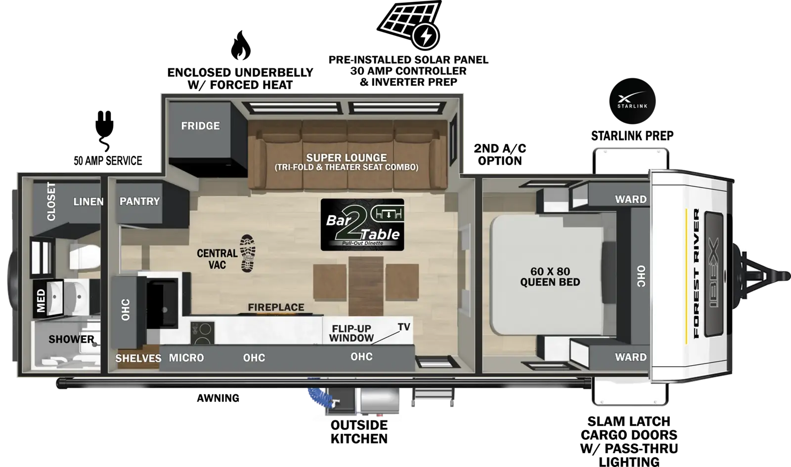 The Ibex 27RBSL floorplan has one entry and one slide out. Exterior features include: fiberglass exterior and outside kitchen. Interiors features include: front bedroom and rear bathroom.