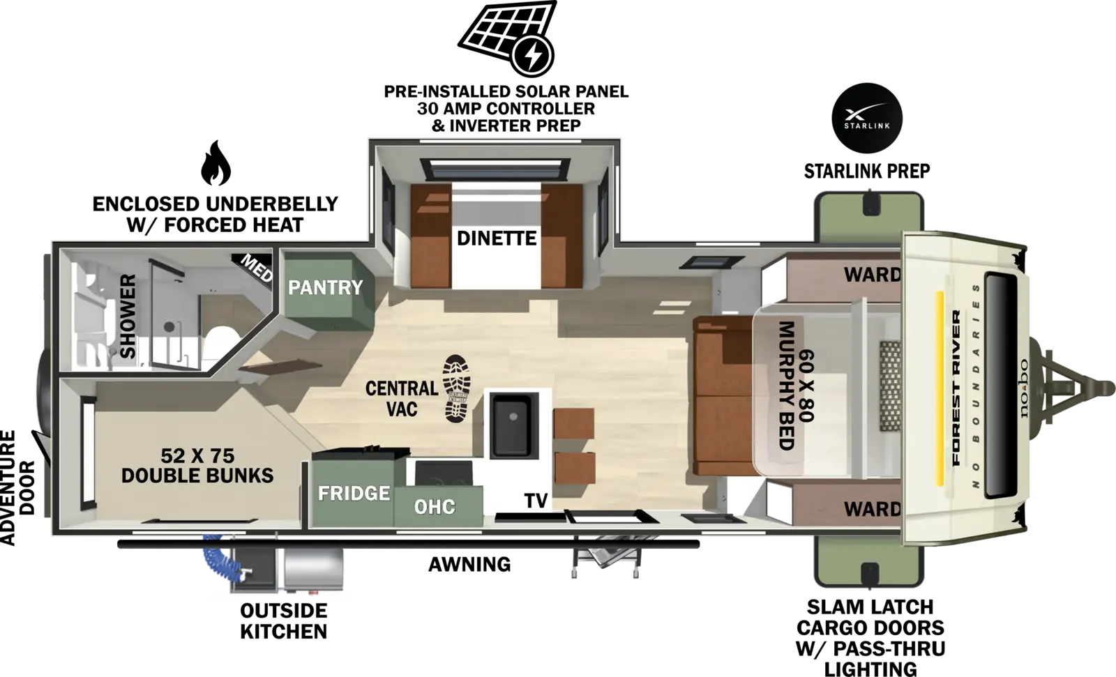 The No Boundaries NB20.3 floorplan has one entry and one slide out. Exterior features include: fiberglass exterior, 18' awning and outside kitchen. Interiors features include: bunk beds and murphy bed.