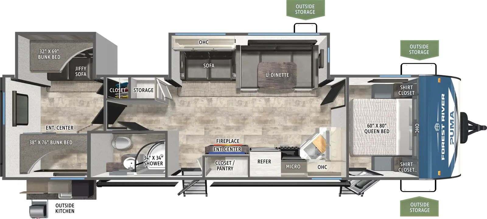 The Puma 31QBBH floorplan has two entries and two slide outs. Exterior features include: metal exterior, 21' awning and outside kitchen. Interiors features include: bunk beds, u-dinette and front bedroom.