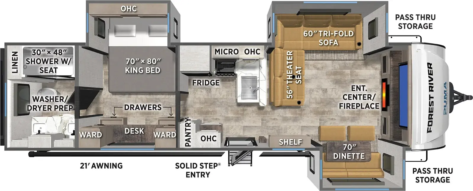 The Puma Tracks 3300FLBS floorplan has one entry and three slide outs. Exterior features include: fiberglass exterior and 21' awning. Interiors features include: front living and rear bathroom.