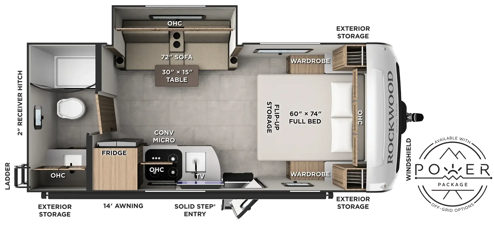 The Rockwood Geo Pro G20SFB floorplan has one entry and one slide out. Exterior features include: fiberglass exterior and 14' awning. Interiors features include: front bedroom and rear bathroom.