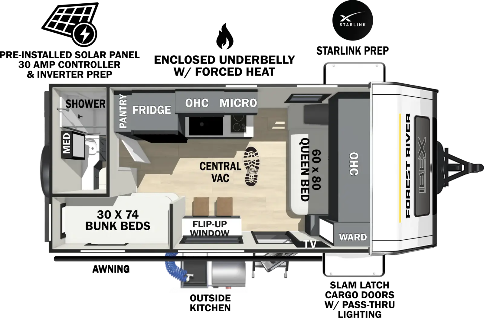 The Ibex 16MKD floorplan has one entry and zero slide outs. Exterior features include: fiberglass exterior, 14' awning and outside kitchen. Interiors features include: bunk beds and front bedroom.