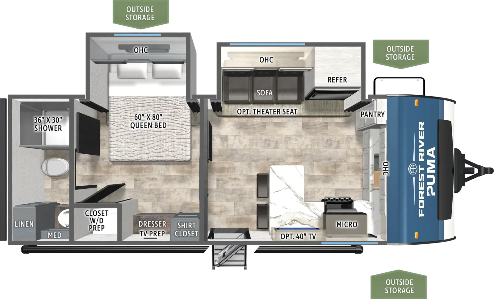 The Puma 220FK floorplan has one entry and two slide outs. Exterior features include: metal exterior. Interiors features include: front kitchen and rear bathroom.