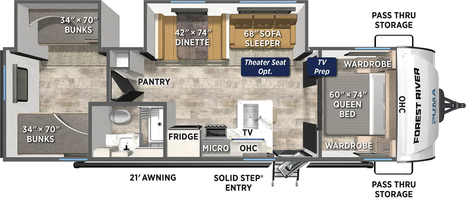 The Puma Tracks 302BHS floorplan has one entry and two slide outs. Exterior features include: fiberglass exterior and 21' awning. Interiors features include: bunk beds and front bedroom.