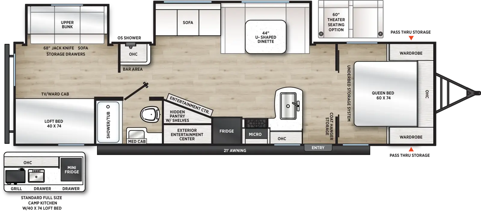 The Viking Travel Trailers 32BHDS floorplan has one entry and two slide outs. Exterior features include: metal exterior, 21' awning and outside kitchen. Interiors features include: bunk beds and front bedroom.